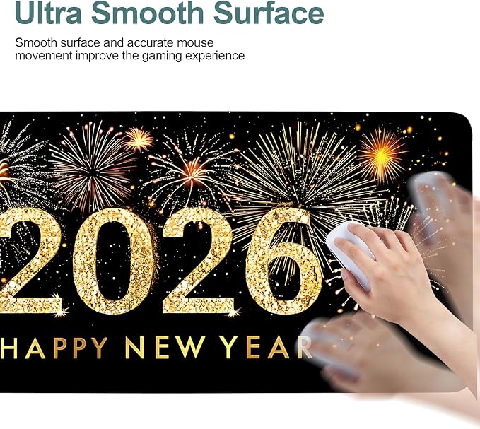 2026 Happy New Year Gaming Mouse Pad 35.4"x15.7"Desk Mat Anti-Slip Rubber Base & Durable Stitched Edges for Gamers Smooth Mouse Writing Surface for Desk Office/Home