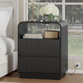 Black Nightstand with Charging Station, Mid Century Modern Bedside Table & End Table, Fluted Wood Small Night Stand with 2 Hidden Drawers and Storage Shelf for Bedroom