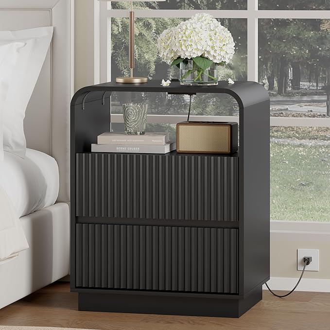 Black Nightstands Set of 2 with Charging Station, Mid Century Modern End Tables & Bedside Tables, Fluted Wood Small Night Stands with 2 Hidden Drawers and Storage Shelf for Bedroom
