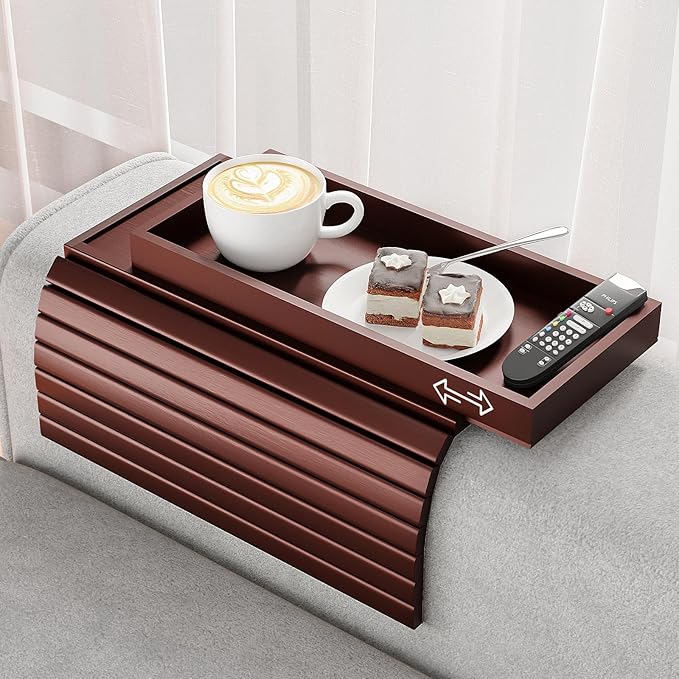 Sofa Armrest Tray Table for Couch - 2-in-1 Foldable Couch Arm Table with Be Slide Detachable Tray - Anti-Slip Sofa Armchair Caddy for Drinks Cup Cellphone TV Remote Snacks (Walnut)
