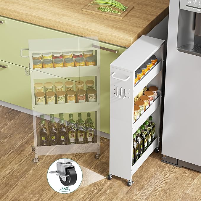 Slim Storage Cart, 4 Tier Rolling Kitchen Cart on Wheels for Small Space, Narrow Laundry Bathroom Organizers Mobile Shelving Unit Metal Utility Cart with Handle, 5.9in Width, White