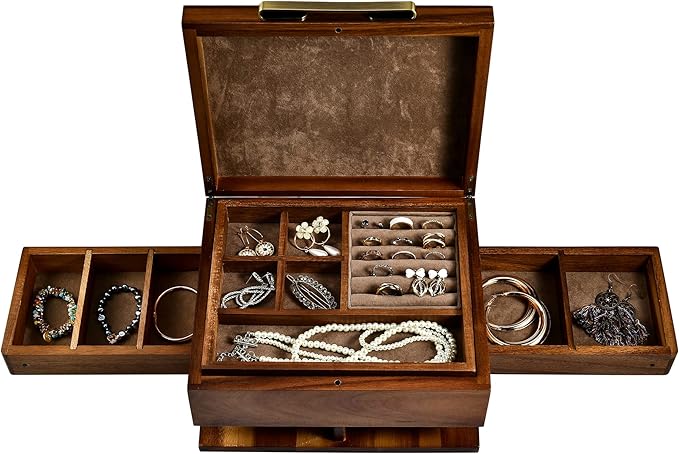 Shanik Wooden Jewelry Box for Women – Elegant Organizer with Ring Cushions, Pull-Out Drawers & Necklace/Earring Storage, Compact Gift for Jewelry Lovers