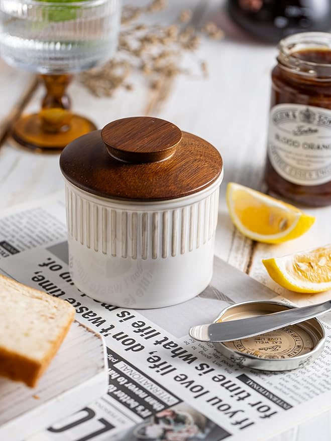 Ceramic Butter Dish With Lid, Butter Crock for Countertop, French Butter Keeper Holder for Spreadable Butter, Classic Stripe, Cream White