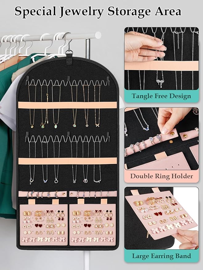 MATEIN Hanging Jewelry Organizer with Removable Travel Jewelry Pouch, Tangle Free Necklace Hanger Wall Mount with Metal Hook, Large Earring Storage Holder for Bracelet Ring Display, Gifts for Her