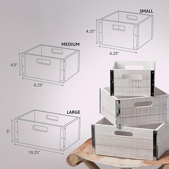 wald imports - Set of 3 Distressed White-Washed Wooden Crates for Storage - Decorative Wooden Crate Set for Home Decoration & Display - Vintage Storage for Household Goods