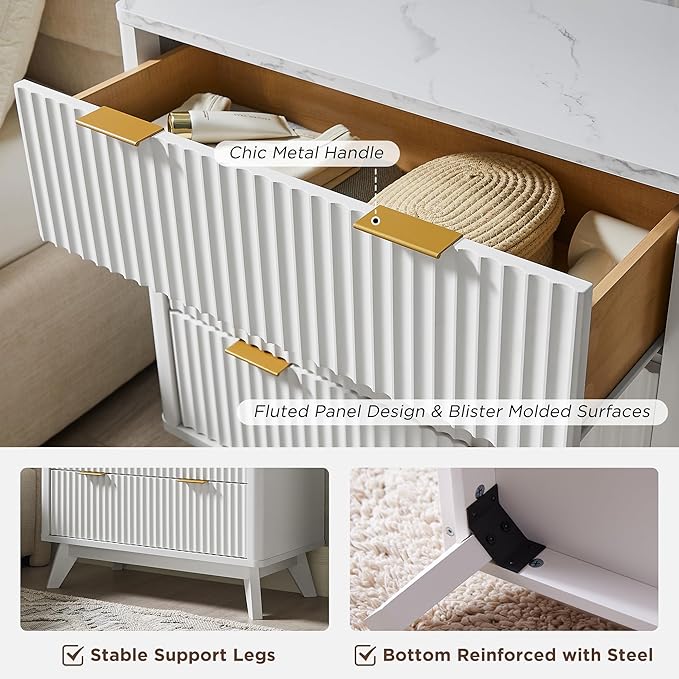 T4TREAM Fluted 3 Drawers Nightstand Set of 2, Oversized Extra Large Modern Side Table with Faux Marble Top, End Table Bedside for Bedroom, Living Room, Curved Profile Design, Solid White