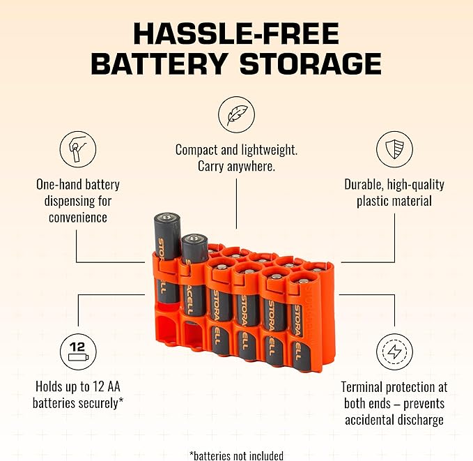 AA Battery Storage Caddy by Storacell, Orange, Holds 12 Batteries (Not included)