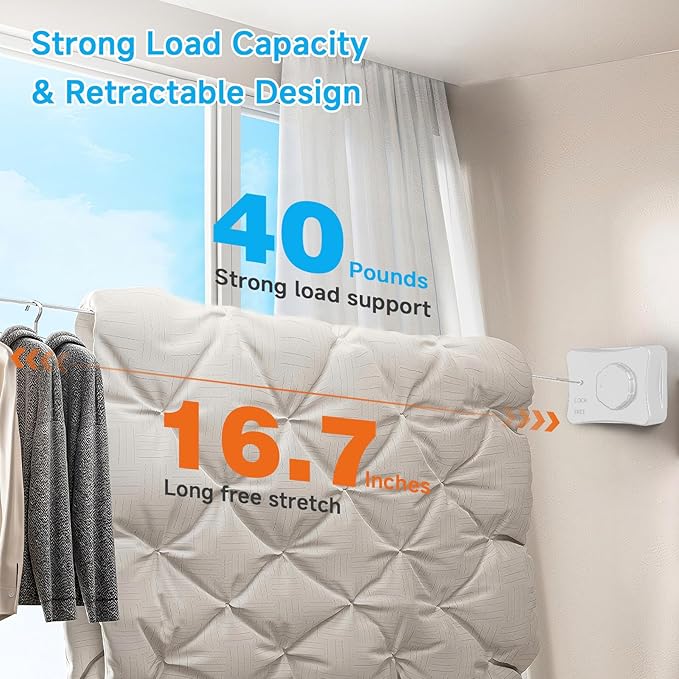 Retractable Outdoor Clothes Line,Heavy Duty Clothes Drying Laundry Line Wall Mounted Stainless Steel Line-16.7 Feets-White