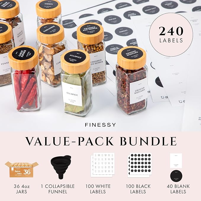 FINESSY Glass Spice Jars with Label with Bamboo Lids 36 Pack Set, 4oz Empty Clear Glass Spice Bottles with Shaker Lids, Airtight Kitchen Seasoning Organizer Jars, Herb Seasoning Containers with Labels