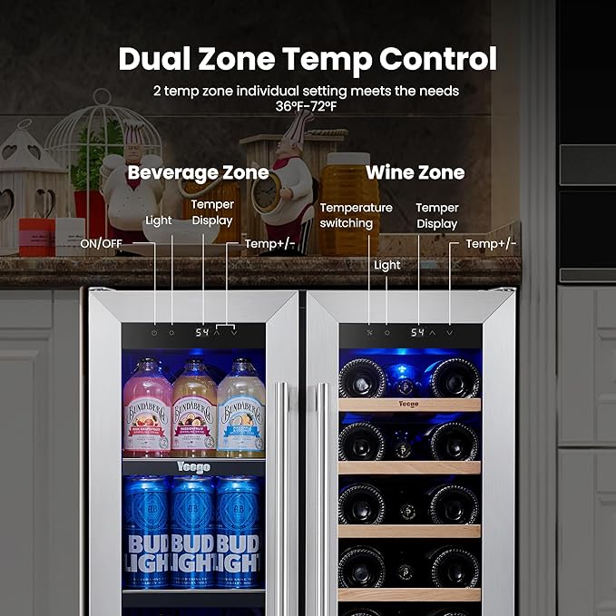 Yeego Wine and Beverage Refrigerator - 24 Inch Dual Zone Wine Fridge 60 Can & 20 Bottle, 36-72°F Cooler Built in Under Counter Fridge with Glass Door for Beer Soda Drink Home Bar Office