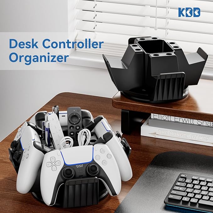 KDD Controller Organizer for Desktop - 360°Rotatable Controller Holder with Storage Box - Universal Stand for 4 Controllers, Desk Organizer for Switch Remote Control Pen Gamer Accessories
