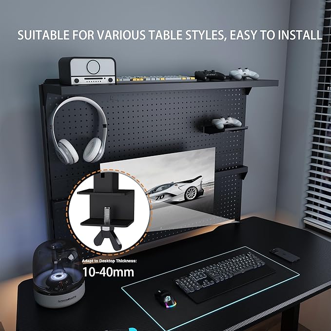 KEIKI Clamp-On Desk Pegboard with Single Monitor Stand, 43" x 35" Steel Peg Board Office Organizer with Hooks, Movable Panel & Shelf for Office Supplies, Gaming Setup & Desk Organization, Black