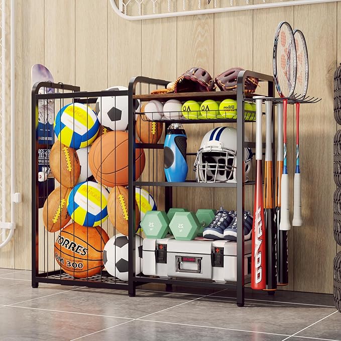Garage Sports Equipment Organizer, Ball Storage for Gear and Toys, Large Capacity, Sports Organizer for Garage with Hooks and Baskets