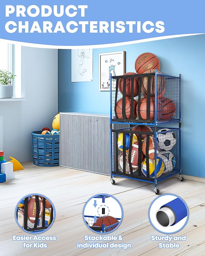 Mythinglogic Rolling Sports Ball Storage Cart, Sports Lockable Ball Storage Locker with Elastic Straps, Stackable Ball Cage for Garage Storage Garage Organizer