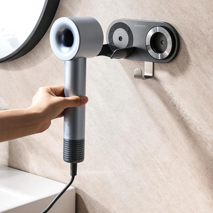 simpletome Hair Dryer Holder Wall Mount for All Magnetic High Speed Blow Dryer with Plug Cord Organizer Hook (Aluminum Alloy, White)
