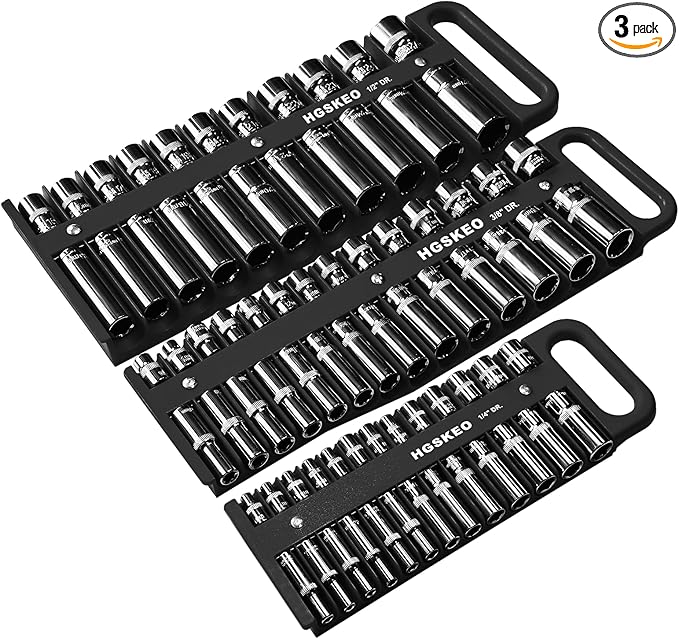 Magnetic Socket Holder Set with Handle, Portable Socket Organizer, Heavy Duty Socket Racks, 76 standard Sockets for Tool Box (Black, 3 Pcs Set-1/4", 3/8" & 1/2")