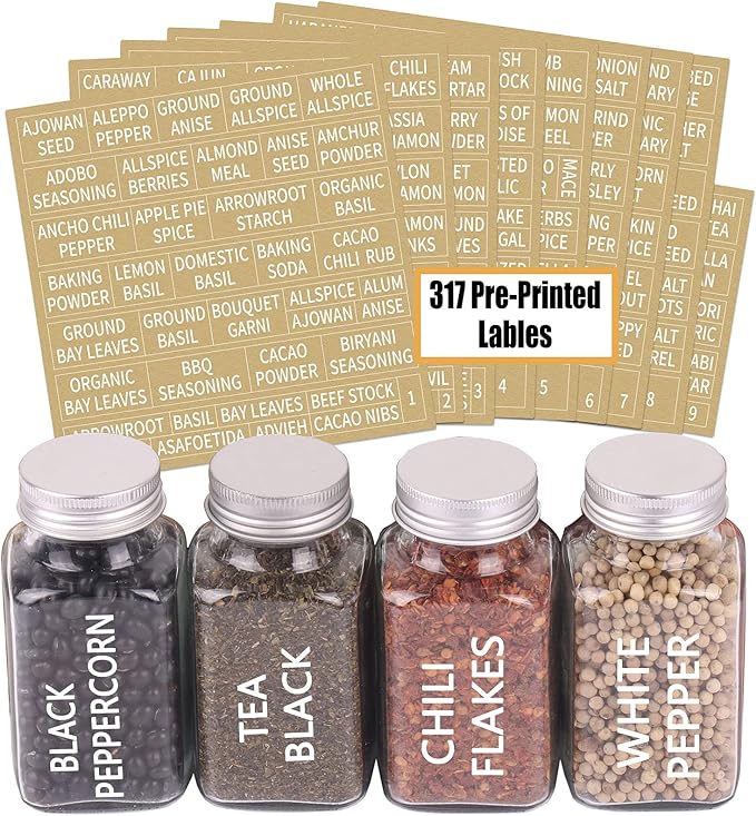 SWOMMOLY 30 Glass Spice Jars 6 oz Empty Square Spice Bottles with 703 Spice Labels, Chalk Marker and Funnel Complete Set. 30 Spice Containers with Airtight Cap, Pour/sift Shaker Lid