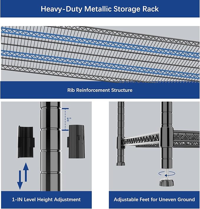 Heavy Duty Shelving, 72.2" H Garage Shelving Unit with Leveling Feet, 4-Tier Adjustable Garage Storage Shelves Metal Rack, Industrial Shelving for Warehaouse Storage, 60" W x 24" D x 72.2" H, Black