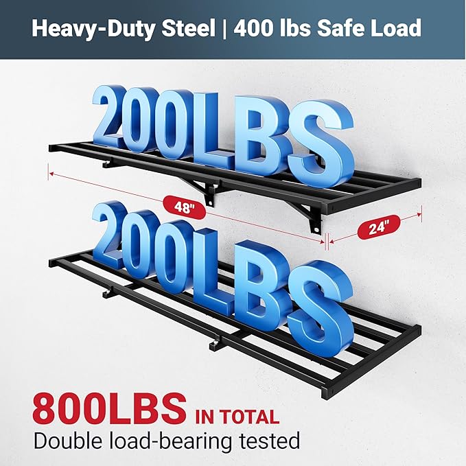 FLEXIMOUNTS 2x4ft Heavy Duty Garage Wall Shelving, 2-Pack Garage Shelving Wall Mounted with 8 Hooks, 400lbs Capacity, Storage for Power Tools, Garden Supplies, Storage Bins, Lite Series