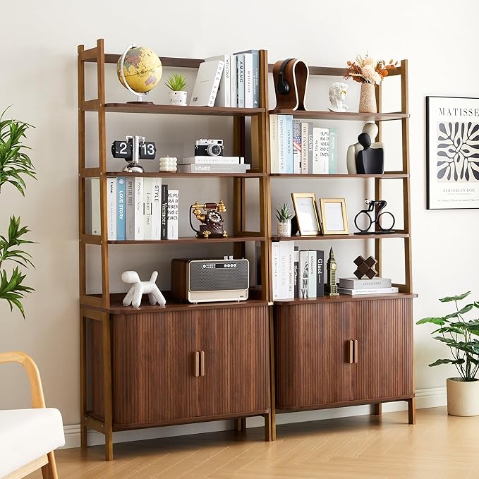 4-Tier Bookshelf, Tall Bookcase with Open Shelf and Sliding Door, 70” Freestanding Storage Organizer Display Cabinet for Living Room, Home Office (Walnut)