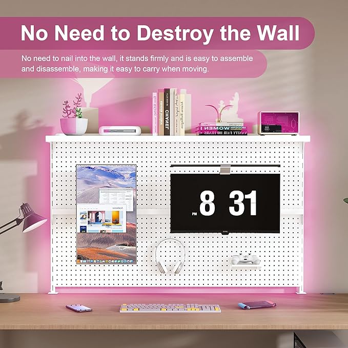 KEIKI Metal Pegboard Desk Organizer with Dual Monitor Stand, 59" x 35" Large Desk Peg Board with Hooks & Movable Panel, Office Organization and Storage Shelf for Gaming or Workstation Setup, White
