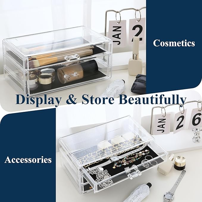 Sea Team 3-Tier Stackable Clear Makeup Organizer with Drawers, Acrylic Plastic Cosmetic Display Case, Jewelry Storage Box, Holder for Dresser, Bathroom, Vanity, Countertop (8 Drawers)