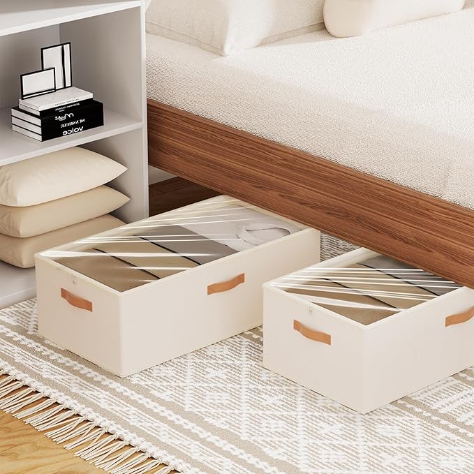 10 Inch 2 Pack Under Bed Storage Containers, 10 Inch Tall Underbed Clothes Storage Organizer Bin with Clear Window，Foldable Box Basket for Clothes, Closet, Bed Sheets and Blankets White