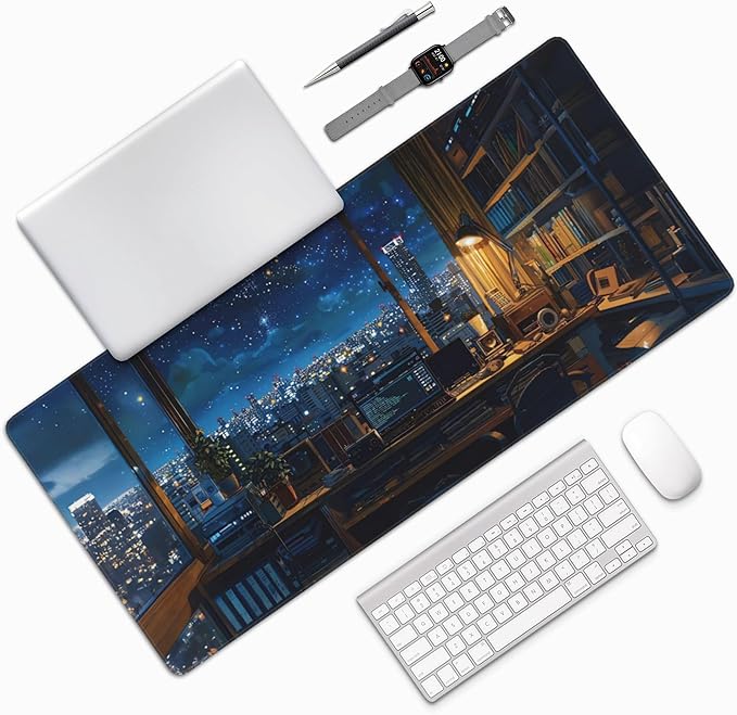 City Night from The Study Window Large Mouse Pad, Anime Style Gaming Desk Mat, XXL Keyboard Desk Pad Mat for Desktop, 35.4"x15.7" Non-Slip Base Big Mousepad with Stitched Edges
