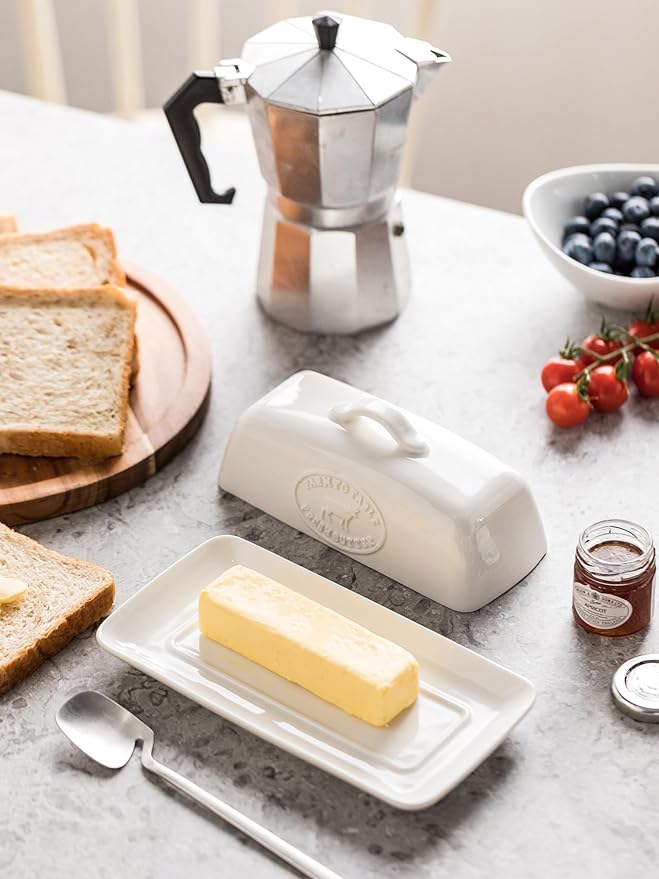 Cow Butter Dish, Ceramic Butter Dish with Lid for Countertop, White Butter Tray with Handle, Farmhouse Covered Butter Holder Container for East West Coast Butter Storage