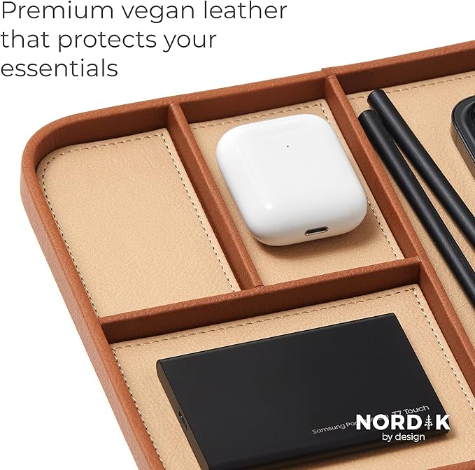 Nordik Leather Valet Tray - Sand Brown - 9.5 x 7.9 Inch Medium Vegan Leather Tray - Stylish Nightstand Organizer for Men - Modern Bedside Caddy - EDC Catchall for Key Watch Wallet Jewellery