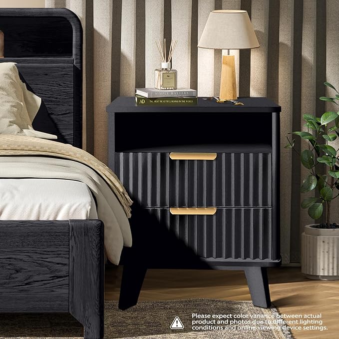 Fluted Nightstand - 24" Modern Bedside Table w/ 2 Drawers, Wood Bed Side End Table with Open Shelf, Night Stand with Storage Drawer, Curved Design Night Stands for Bedroom Living Room (Black)
