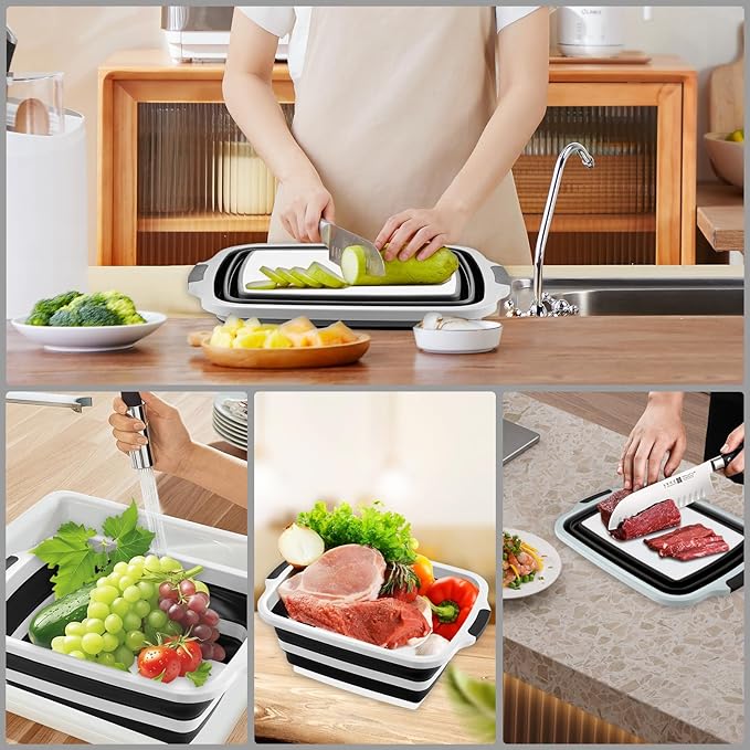 Collapsible BBQ Prep Tub with Cutting Board & Lid – 7.95 Gal / 30L Space-Saving Food Container – BPA-Free Heavy-Duty Plastic, Dishwasher Safe with Drain Hole – Offset Smoker, Backyard & Grilling