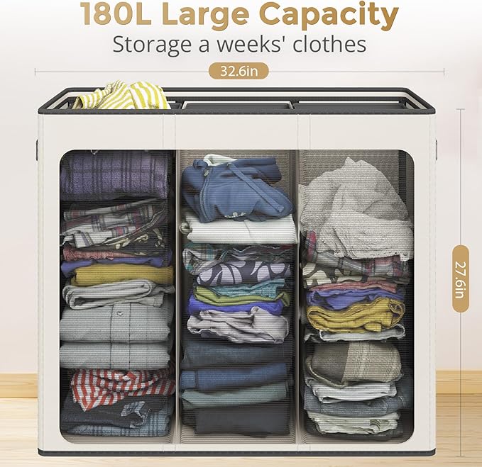 180L Laundry Hamper 3 Section, Large Laundry Basket with Lid, Laundry Basket Organizer with Handles, White Divided Laundry Baskets, Clothes Hampers for Laundry, Bedroom, Bathroom