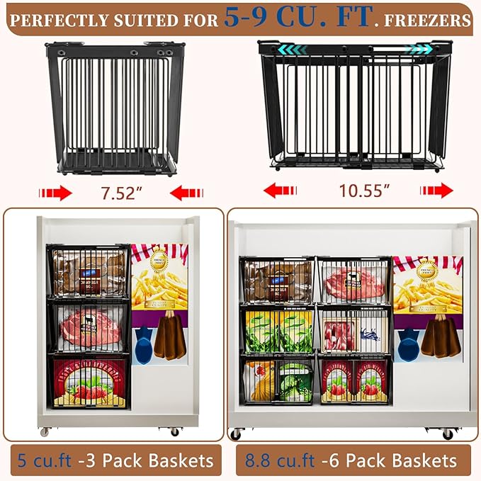 Large Freezer Organizer Bins，Upgraded Bottom Leak-Proof net，Fit 5 to 9 Cu Ft Chest Freezer，3 Pack， Expandable Stackable Chest Freezer Containers with Handle