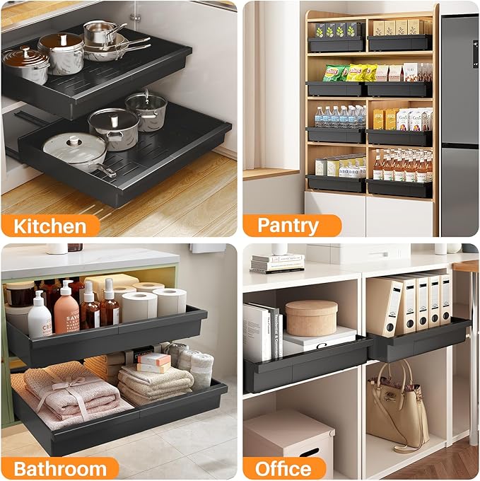 Pull out Cabinet Organizer, 1-Pack Expandable(13.6"-24") Silde out Drawers with Raising Pad for Framed Cabinets, Adjustable Full-Extension Adhesive Roll out Shelves for Kitchen Pantry Home Pot and Pan