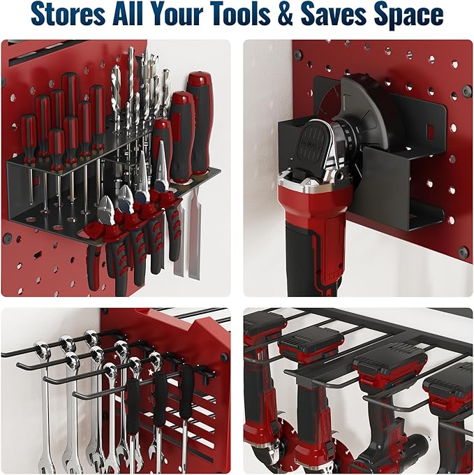 Tomorotec 4-Layer Wall-Mounted Power Tool Storage Rack, Heavy-Duty Steel Drill Organizer with Adjustable Shelves & Side Hooks for Toolbox, Easy Installation Garage & Workshop Storage (Red)