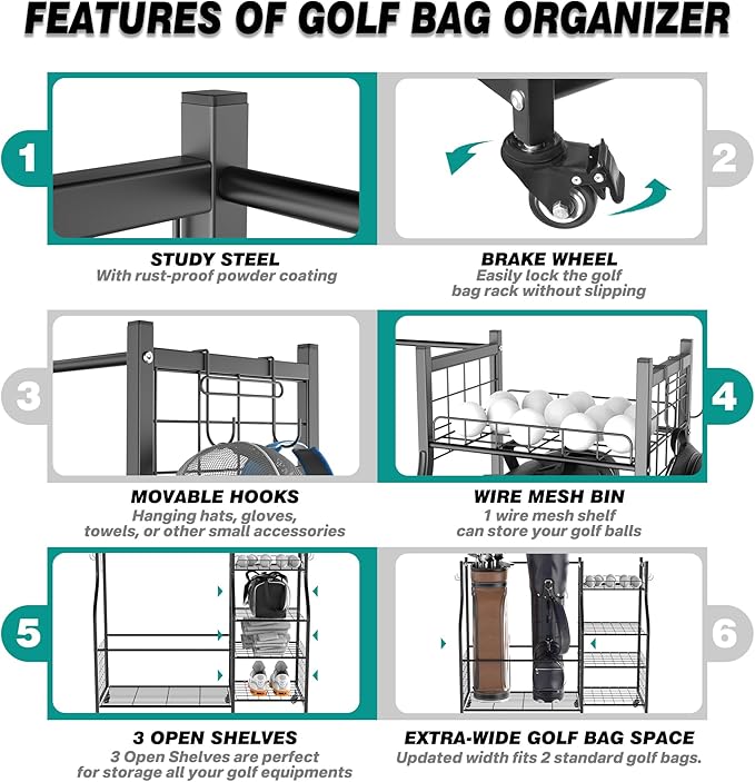 EVERHANGER Golf Bag Storage Organizer, Freestanding Golf Bag Holder Stand, Heavy Duty Golf Storage Rack for Garage, Club
