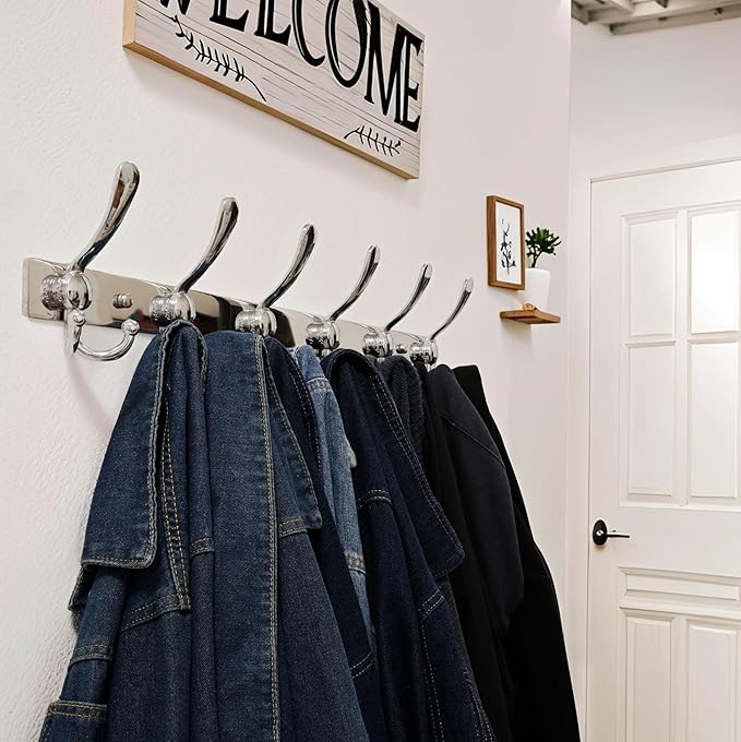 Dseap Coat Rack Wall Mount 2.0 Pro: 24” Long, 3X Tougher, Heavy Duty Stainless Steel Wall Coat Hanger with 6 Tri Hooks for Clothes Jackets Hats Entryway Closet, Chromed