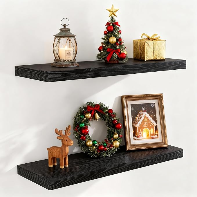 Fun Memories Black Floating Shelves 32 Inch Long, Rustic Wood Wall Mounted Floating Shelf for Bathroom, Bedroom, Kitchen, 9.3 Inch Deep Wall Shelves Invisible Brackets for Books|Storage|Decor