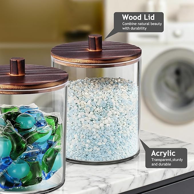 SheeChung 4 Pack 50 Oz Large Apothecary Jar with Wood Lid, Laundry Pods Container, Storage Jars for Bathroom Organization, Plastic Canisters with Cute Stickers Spoons(Dark Brown)