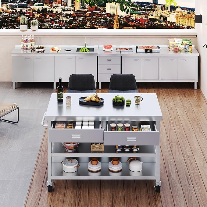 Stainless Steel Kitchen Island with Storage, Rolling Kitchen Island Cart on Wheels with 2 Drawers, Industrial Kitchen Cart, Commercial Portable Island for Kitchen, Bar, Outdoor Patio, 25 x 50 x 37 in