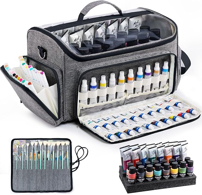 SFYBYHEART Acrylic Paint Organizer Bag with Washable Roll-Up Brush Holder, Large Art Supply Case, Craft Organizer with Foam Inserts for Apple Barrel, Shuttle Art, Caliart Art Supplies Storage Bag