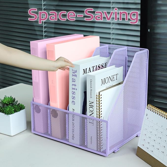 Desk Organizers, Metal Magazine File Holder with 4 Vertical Compartments Rack Binder File Organizer for Office Supplies, Home Workspace - Purple