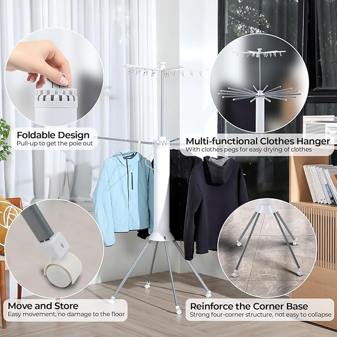 Dollate 4-Legged Clothes Drying Rack Foldable,Octopus-Shaped Portable Laundry Drying Rack,Outdoor and Indoor Collapsible Drying Rack with 4 Pulleys,2 Tier