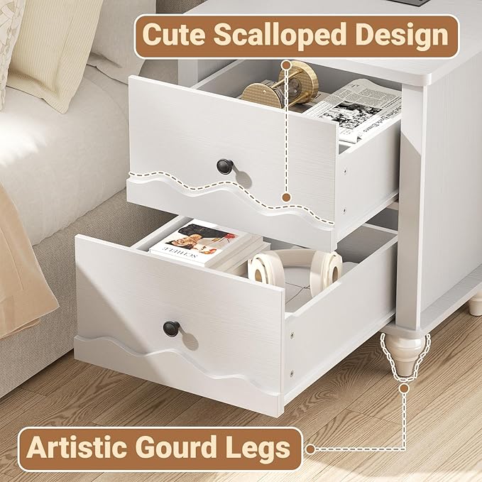 Cyclysio Nightstand with Charging Station, Side End Table with 2 Drawers, Modern Wood Night Stand with Scalloped Pattern for Bedroom, Bedside Night Tables with Solid Wood Gourd Legs