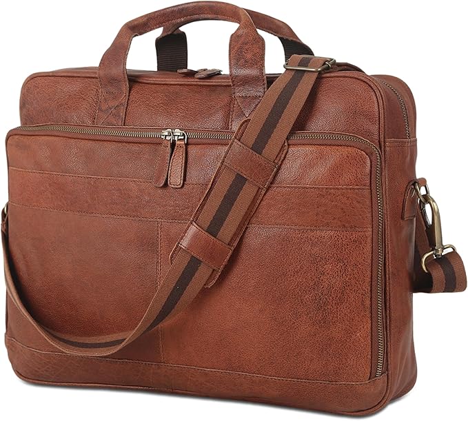 Leather briefcase 18 Inch Laptop Messenger Bags for Men and Women Best Office briefcase Satchel Bag (Wash Tan)
