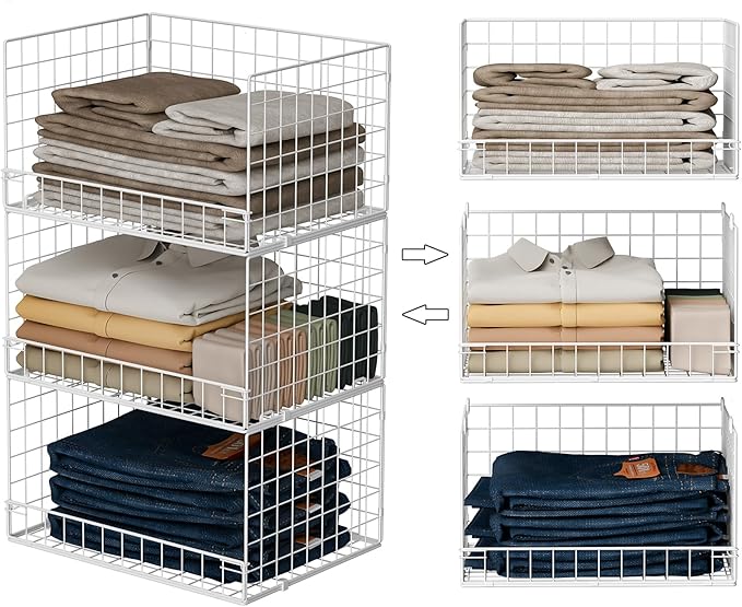 Closet Organizers and Storage Basket- 3-Tier Stackable Storage Bins, Foldable Closet Shelf Organizer Basket, Stackable Clothes Organizers Shelves for Home Organizer System