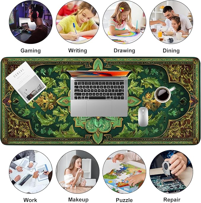 Green Vintage Floral Mouse Pad – Large Extended Desk Mat 35.43 x 15.75 in – Ornate Oriental Carpet Design with Gold & Emerald Motif, Waterproof Surface,Keyboard & Mouse Pad for Office & Home
