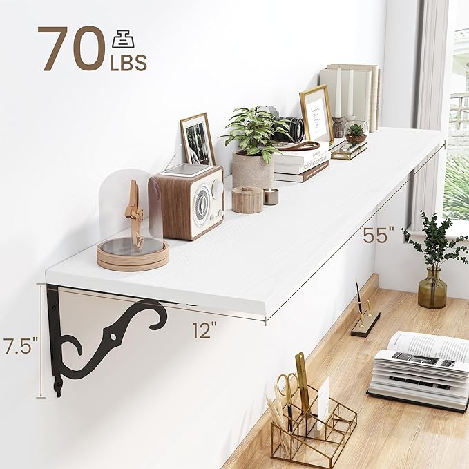Fun Memories 55 Inch Floating Shelves, Long Floating Shelves Wall-Mounted, 12 Inch Deep Bookshelf with Bracket, 55" W x 12" D Shelves for Wall Display & Storage, White, Set of 2