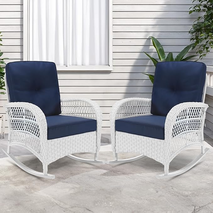 VIVIJASON 2 Piece Patio Wicker Rattan Rocker Chair, Outdoor Rattan Rocker Chair with Cushions & Steel Frame, All-Weather Rocking Lawn Wicker Furniture for Garden Backyard Porch (White/Navy Blue)